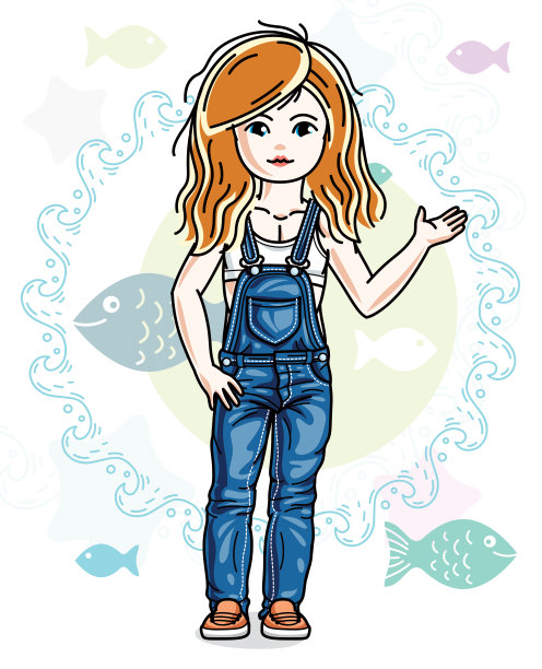 这个快乐的红发小女孩穿着时尚的休闲装，以海洋为背景，与鱼一起摆姿势。向量的性格。图片下载