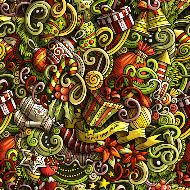 卡通可爱涂鸦新年无缝图案图片下载