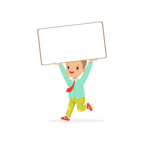 可爱的男孩角色举着白色空的留言板在他的头上，孩子运行与标语牌向量插图图片下载