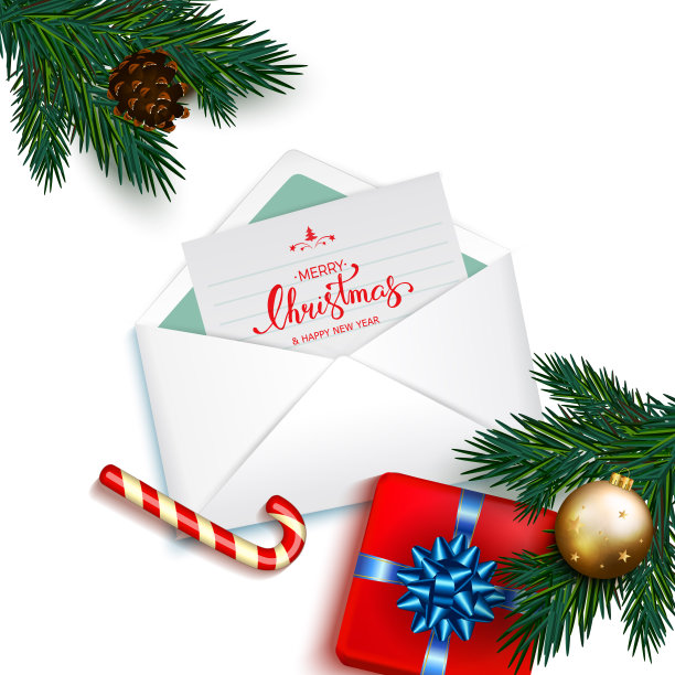 打开装有卡片的信封，上面写着圣诞快乐和新年快乐，有冷杉树枝、金色泡泡、糖果手杖、盒子礼物和蓝色蝴蝶结。向量书法刻字图片下载
