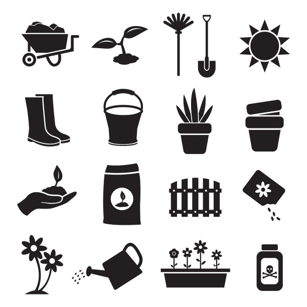 园艺、植物和花卉矢量图标设置为黑色，图标如种子、花卉、花盆等图片下载