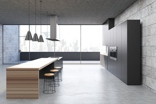 混凝土厨房内部，黑色橱柜，酒吧图片下载
