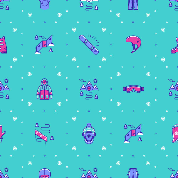 冬季运动无缝图案，滑雪板，滑雪板或滑雪装饰运动服图片下载