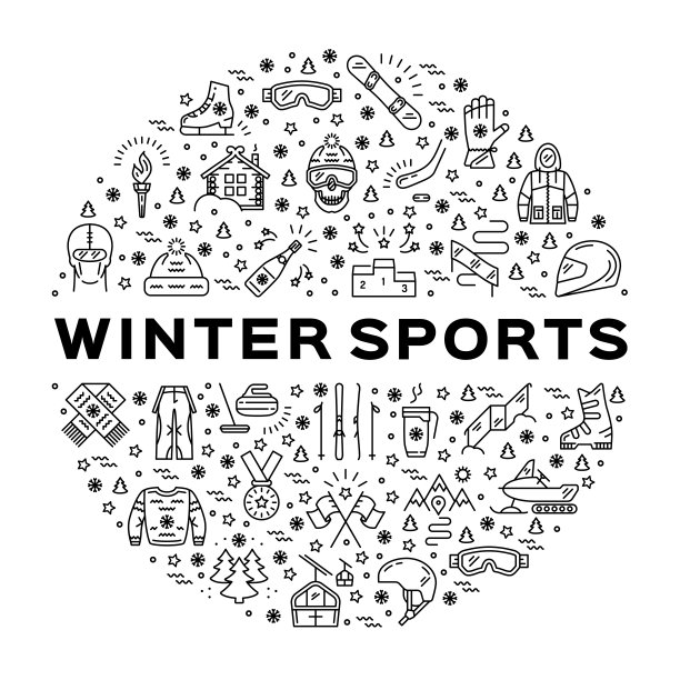 冬季运动信息图表，黑色细线图标，服装和设备图片下载
