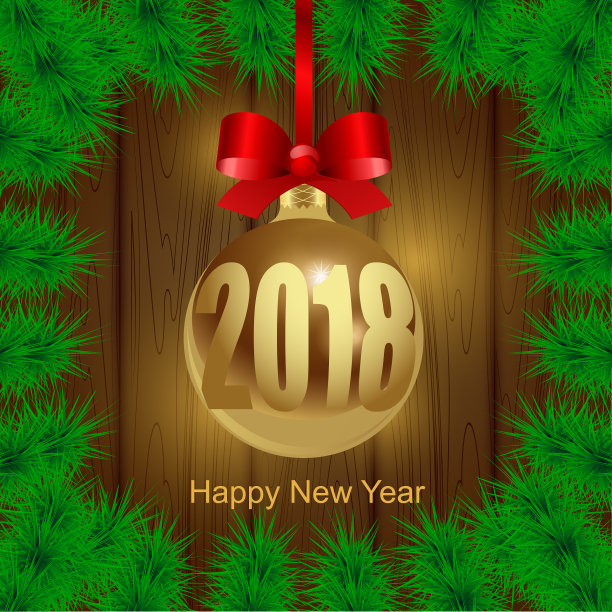 新年快乐。现实的金球与一个红色的丝绸弓与树枝的圣诞树在木材纹理的背景。图片下载