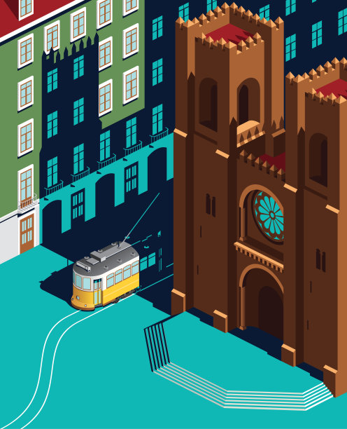 里斯本大教堂和黄色有轨电车地标图片下载