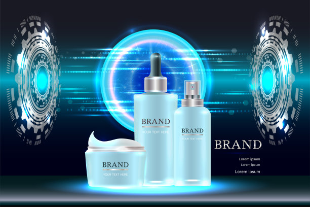 有广告背景的化妆品容器随时可用，技术概念的护肤广告。图片下载