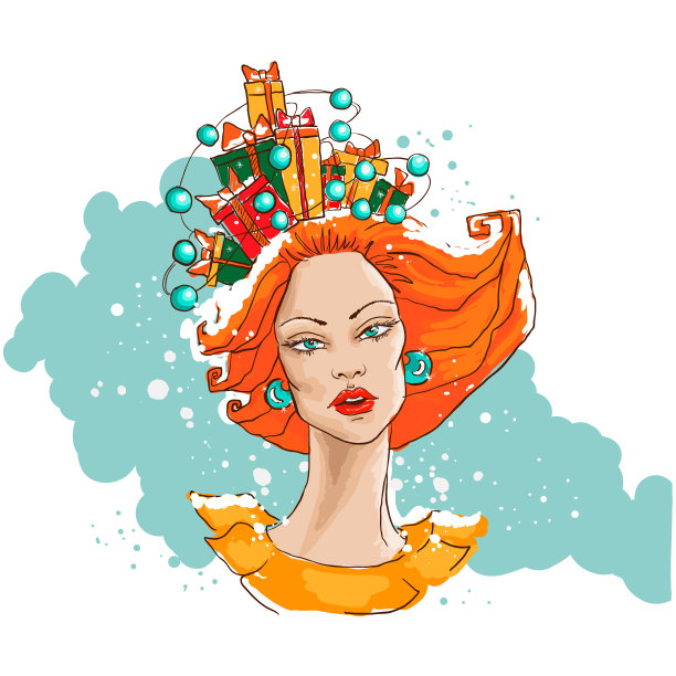 时尚矢量插图。一个美丽女人的肖像。以礼物的形式赠送帽子。手绘草图。图片下载