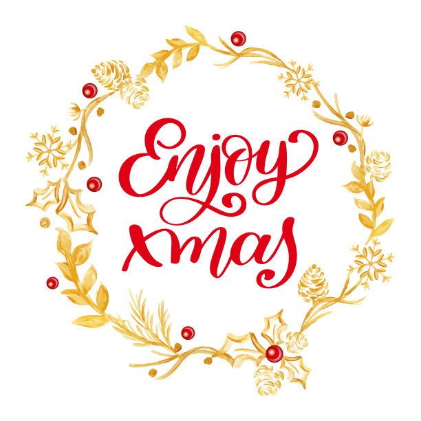 享受圣诞节红色书法文字和金色冷杉树枝花环矢量素材图片下载