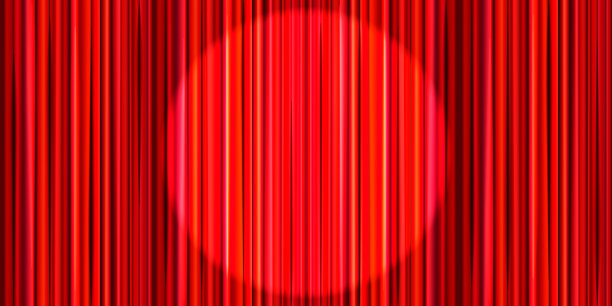 明亮的红色窗帘与圆形聚光灯照明，复古剧场舞台宽背景图片下载