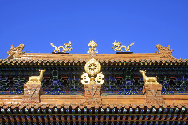 琉璃瓦屋顶和镀金铜法脉轮在一个寺庙，特写照片图片下载