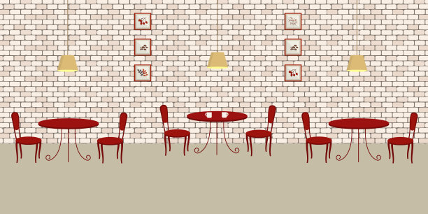 咖啡厅内部，砖墙背景上有红色家具图片下载