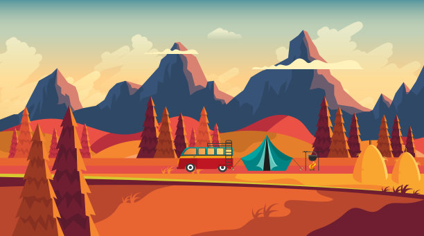 野外营地插图在秋天平坦的矢量景观图片下载