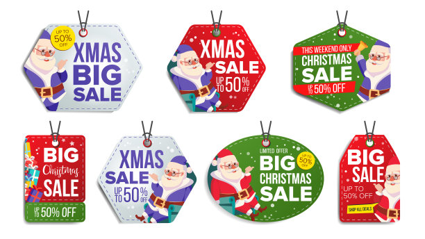圣诞主题销售标签向量。雪花持平。纸挂贴纸。圣诞老人。悬挂节日折扣宣传标语。冬天的插图图片下载
