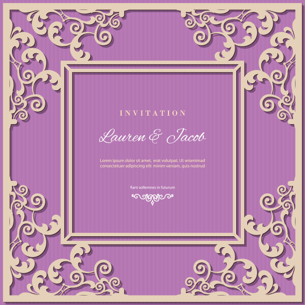 婚礼请柬模板用激光切割金银丝镶边。优雅的相框。金色和紫色的对比色。纸板纹理。图片下载