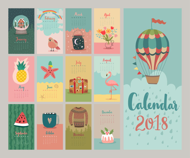 2018年日历。可爱的每月的日历。图片下载