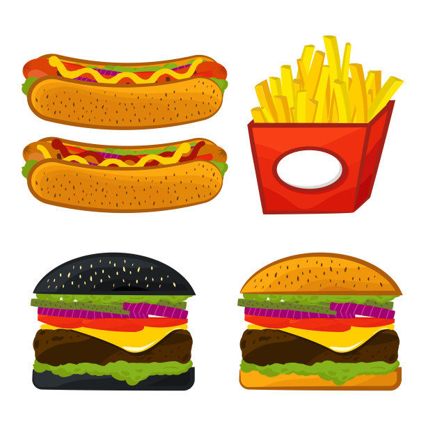 卡通汉堡，热狗和炸薯条的矢量插图图片下载