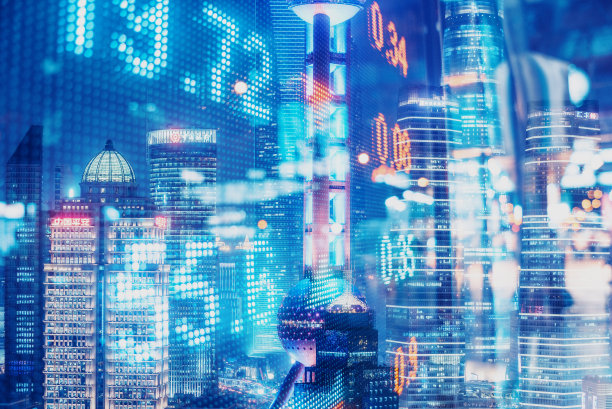 金融数据和上海天际线的双重曝光图片下载
