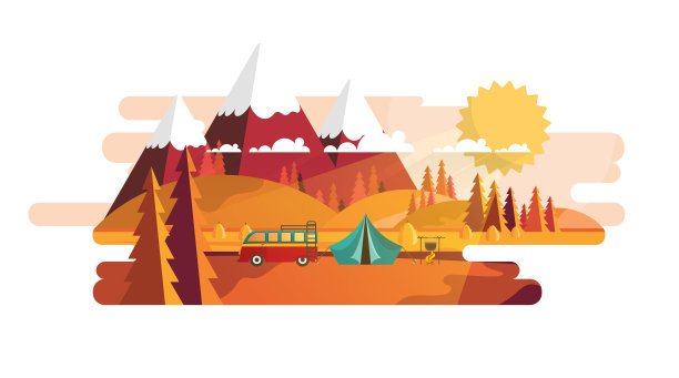野外营地插图在秋天平坦的矢量景观图片下载