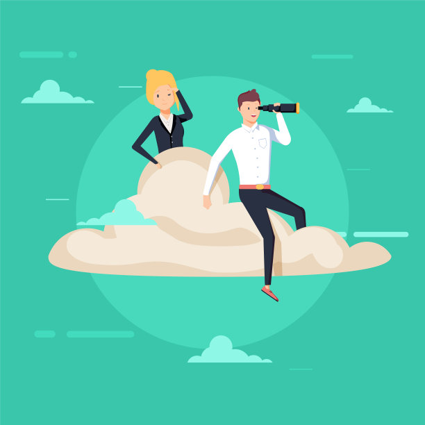 坐在云端的商人和女人。商人用望远镜寻找成功图片下载