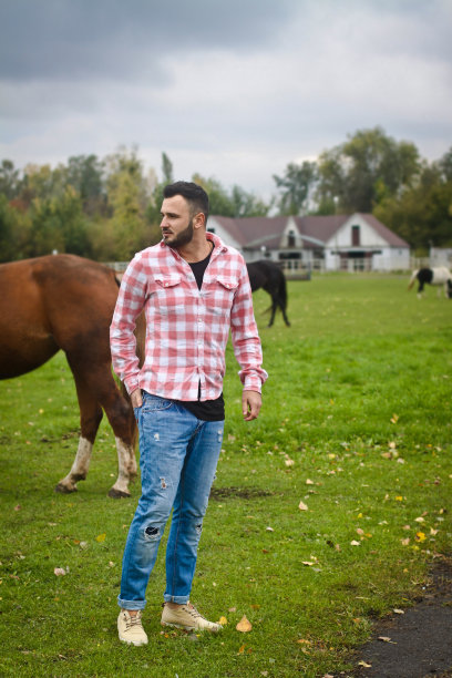 年轻英俊的牛仔。人是一个农场的农夫，农场里有许多马。农村景观,乡村。股票的照片图片下载