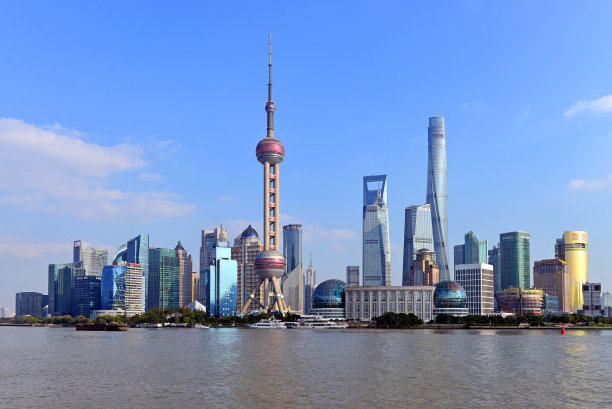 在阳光明媚的日子里，上海浦东的天际线图片下载