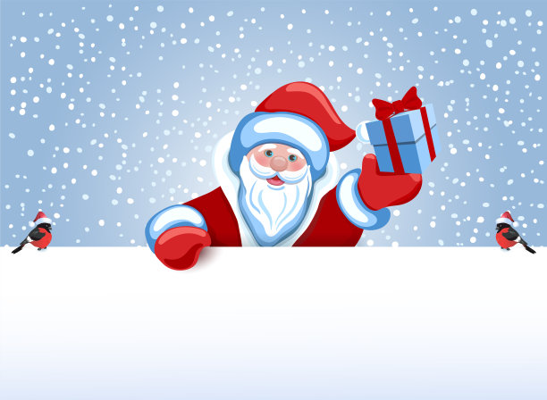 圣诞老人手持雪堆形式的海报，宣传折扣、销售或邀请庆祝Сhristmas。图片下载