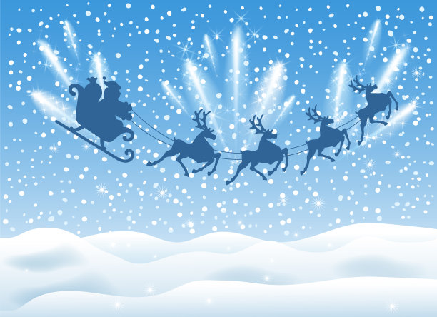 圣诞老人驾着雪橇与驯鹿队一起飞上天空，带着烟花和礼炮图片下载