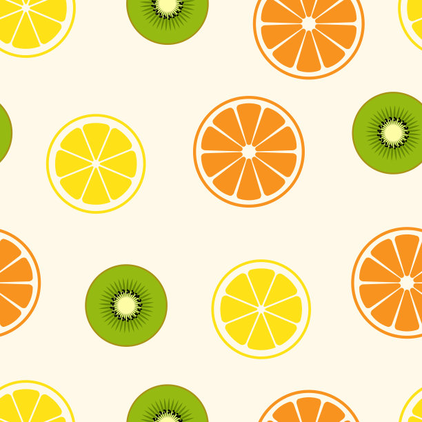 简单的矢量说明切片柑橘水果-猕猴桃，柠檬，橙子。无缝模式与剪切蒙版图片下载