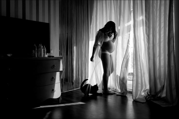 一个怀孕的女孩抱着一只猫靠在房间的窗户上。怀孕风格概念。黑白照片。图片下载