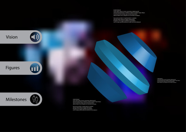 3D插图信息图形模板与主题的旋转六边形分为三个蓝色部分倾斜安排与简单的标志和样本文本在一边的酒吧。模糊的照片用作背景。图片下载