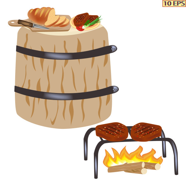 篝火上烤牛排。切肉。烤肉串。烧烤。肉在炭火上烤。炸牛排，羊肉，鸡肉。烤牛排。矢量插图。图片下载