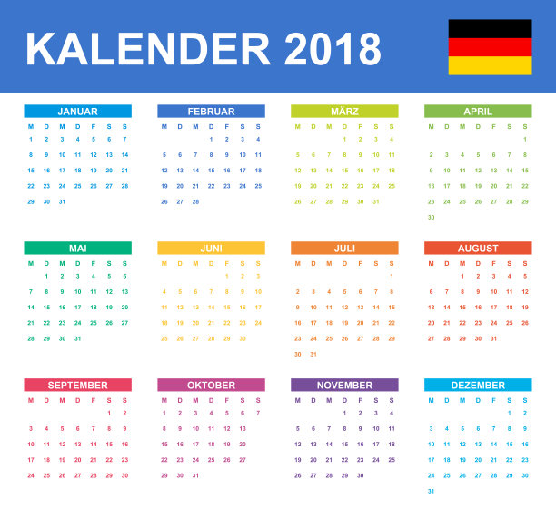 2018年德国日历。调度程序，议程或日记模板。一周从周一开始图片下载