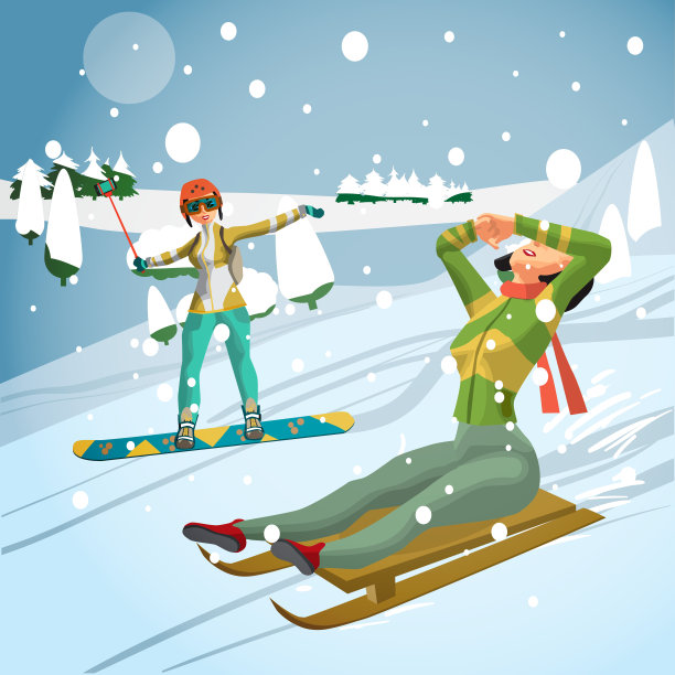 漂亮的年轻女子从森林里的小山上滑雪橇或滑雪图片下载