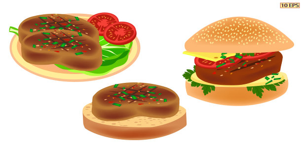 芝士汉堡。汉堡。三明治。炸牛排和面包。肉剁碎。炸肉排和面包。三明治配牛排，西红柿，奶酪，青菜。快餐,零食。矢量插图。图片下载