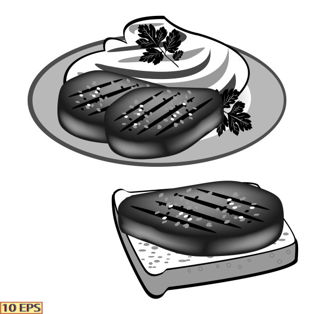 食物。黑色的图标。肉丸,土豆捣碎。盘子里的肉片和土豆。炸肉剁碎。汉堡和配菜。青菜、蕃茄和肉rissole。向量。图片下载