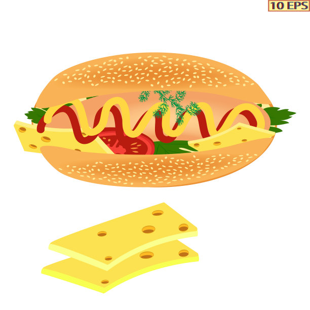 热狗加香肠、蕃茄酱和芥末。面包，番茄，香肠，番茄，生菜，欧芹。图片下载