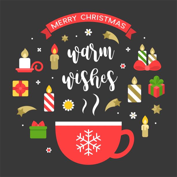 圣诞快乐图标和温暖的祝愿手写字体在平面设计图片下载