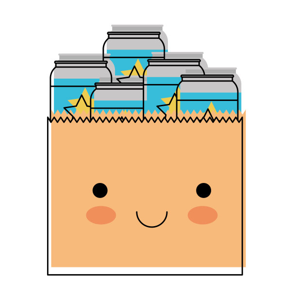 卡哇伊纸袋与罐装啤酒在水彩剪影图片下载