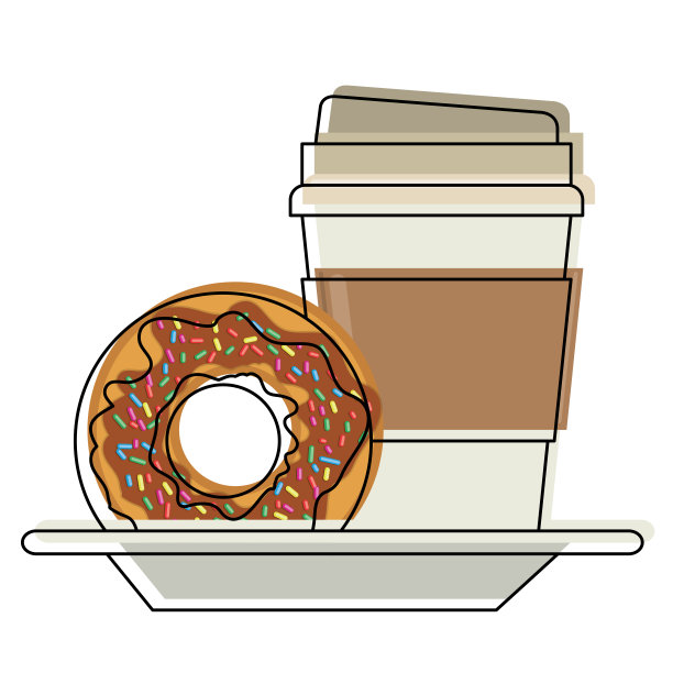 一次性咖啡杯和甜甜圈巧克力釉面盘在水彩剪影在白色的背景图片下载