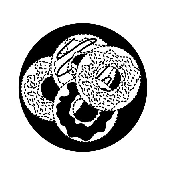 甜甜圈与巧克力釉盘俯视图在黑色点轮廓上的白色背景图片下载