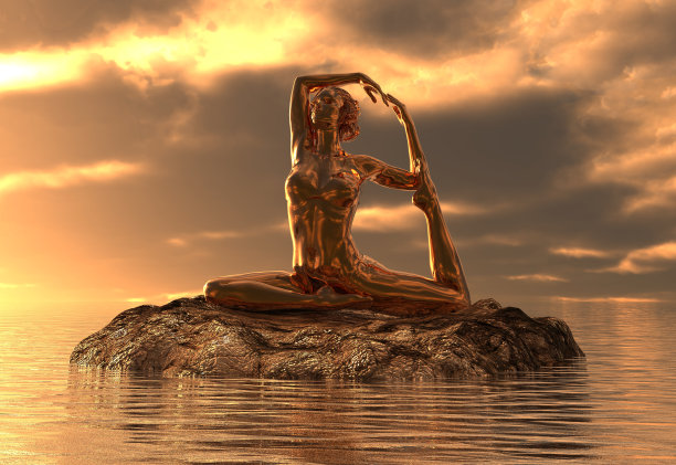 雕像黄金女孩做瑜伽在海上3d插图图片下载