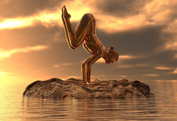 雕像黄金女孩做瑜伽在海上3d插图图片下载