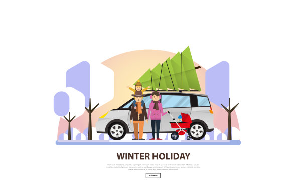 圣诞节的家庭假期。圣诞快乐平坦风格矢量插图。圣诞树放在家里的车顶上。图片下载