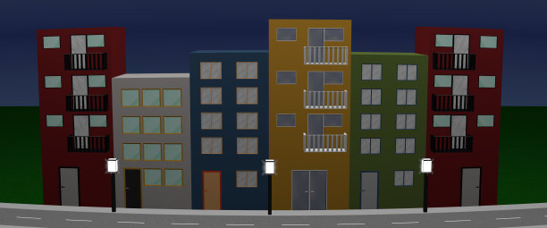 街上有各式各样的房子，灯笼，夜晚的街道图片下载