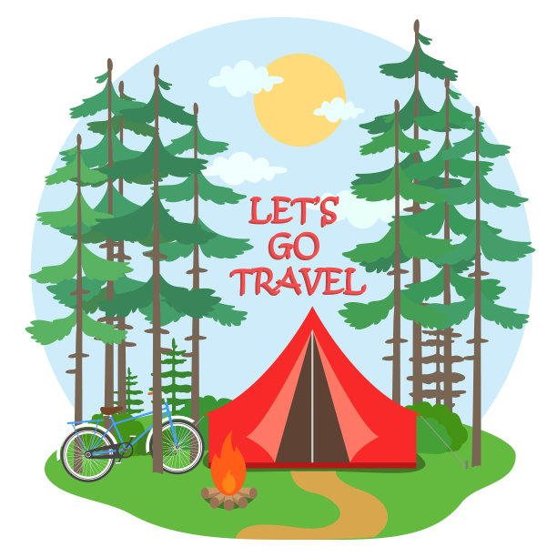 森林营地。带营火的帐篷图片下载