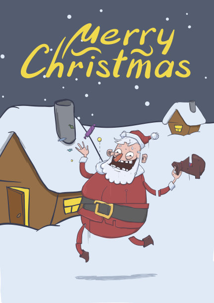 圣诞贺卡上有有趣的微笑的圣诞老人。圣诞老人带来礼物，并在晚上在喜庆的房子旁边扔糖果。水平向量插图。卡通人物与字母。副本的空间。图片下载