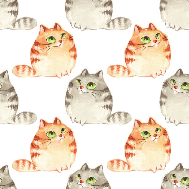 水彩卡通猫无缝图案5素材图片