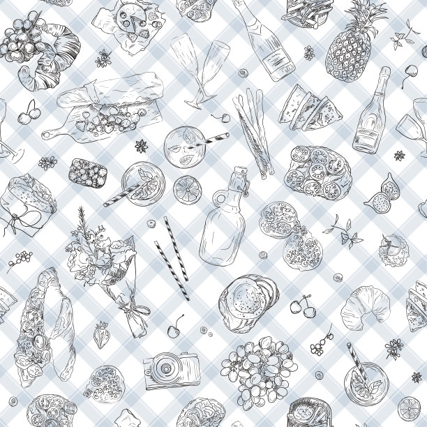 无缝背景手绘野餐图案。矢量插图简略浪漫元素夏季食物饮料葡萄酒图片下载