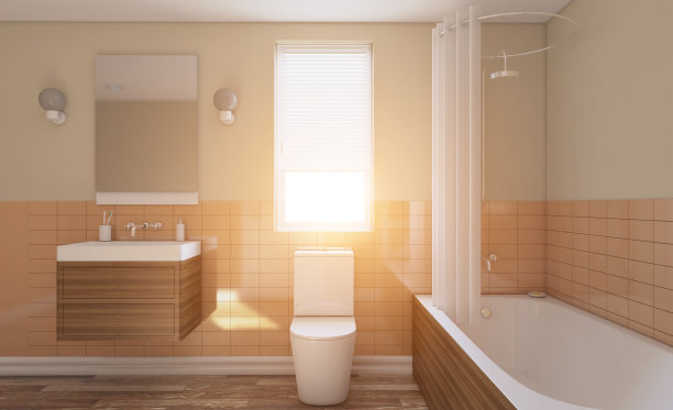 有大窗户的现代浴室。3 d渲染…窗户上有灯光。图片下载